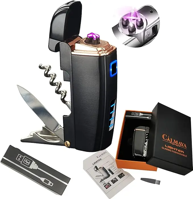 717RWCdaLKL._AC_SX679_ (1) Meilleur Cadeau Saint-Valentin Homme & Femme – Briquet Électrique Rechargeable USB 4-en-1 : Double Arc, Couteau Suisse, Décapsuleur & Ouvre-Bouteille – Cadeau Original et Utile – Image 1